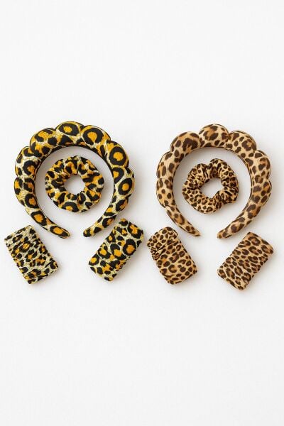 Leopar Desen Taç, peluş bileklik ve Simit Toka Set 12 Adet