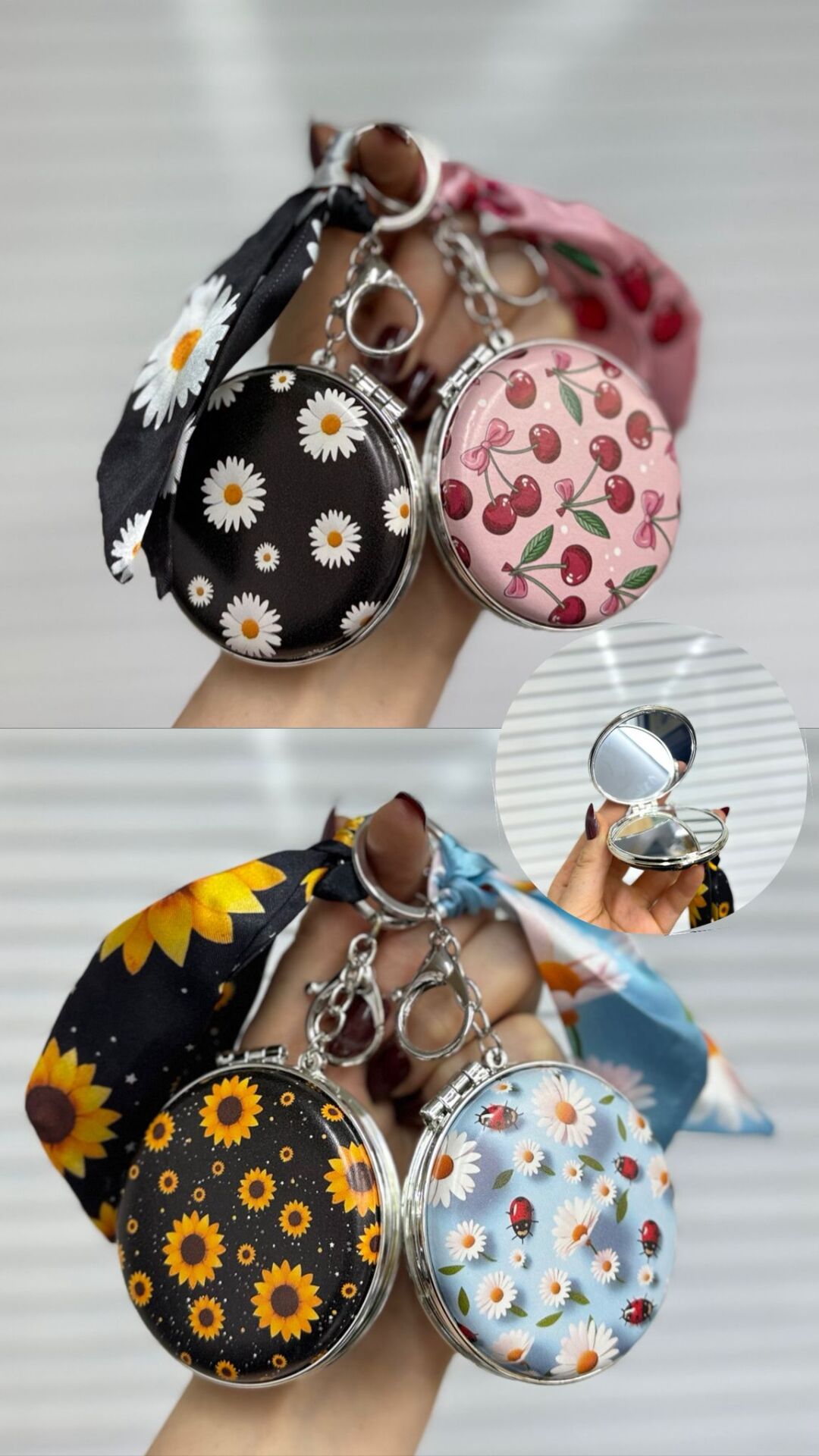 Desenli Fularlı Anahtarlıklı Mini Ayna 12 Adet