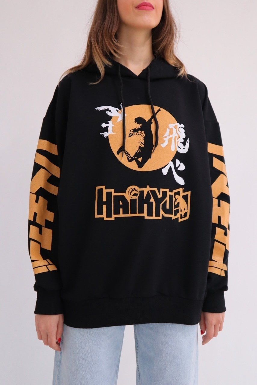 Anime Haikyuu Siyah Kapsonlu Sweatshirt