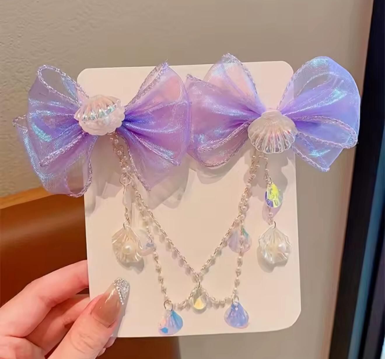 2'li İstiridye Desenli Sallantılı  Fiyonk Desen Klips Toka Mor