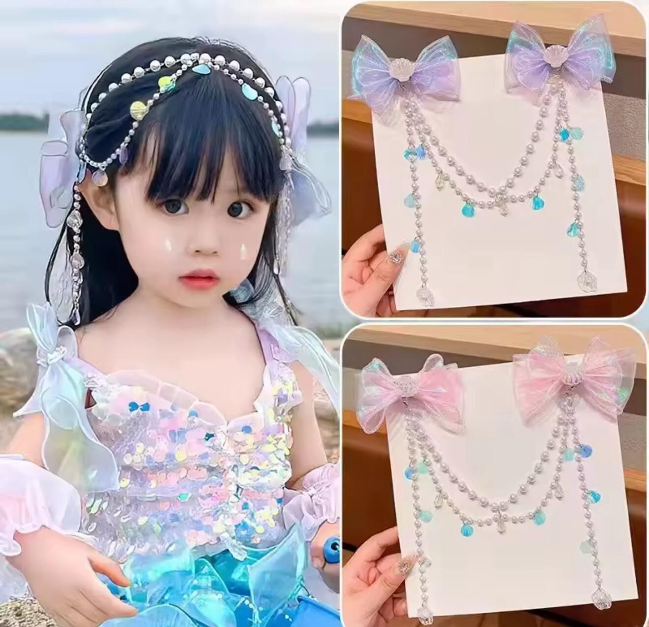 2'li İstiridye Desenli Sallantılı  Fiyonk Desen Klips Toka Pembe