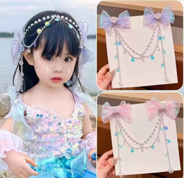 2'li İstiridye Desenli Sallantılı  Fiyonk Desen Klips Toka Pembe