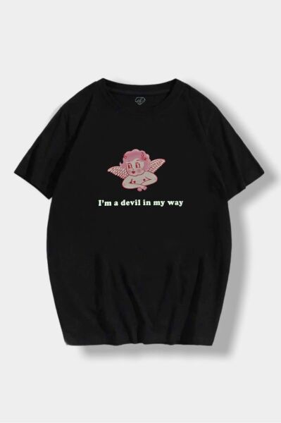 Siyah Unisex Devil Angel T-Shirt