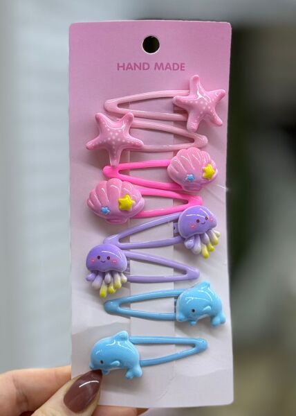 Deniz Figürlü Çıtçıt Toka Seti – Yıldız, Deniz Kabuğu, Denizanası ve Yunus