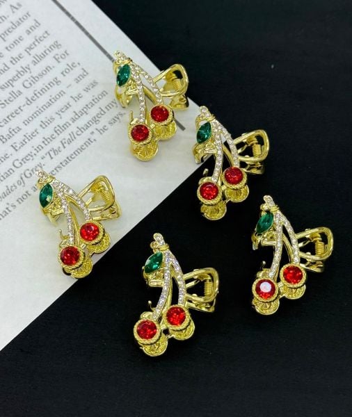 Küçük Kiraz Desenli Metal Taşlı Mandal Toka 12 Adet