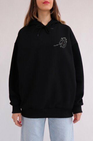 Siyah Kapüşonlu Heart You Sweatshirt