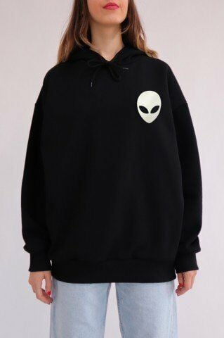 Siyah Kapüşonlu Alien Sweatshirt