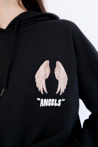 Siyah Kapüşonlu Sırt Baskılı Angels Sweatshirt