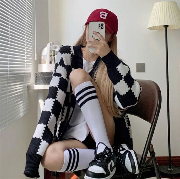 Kawaii Y2K Tarz Sokak Stili Siyah Beyaz Ekoseli Unisex Hırka