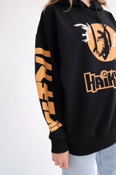 Siyah Kapüşonlu Anime Haikyuu Sweatshirt