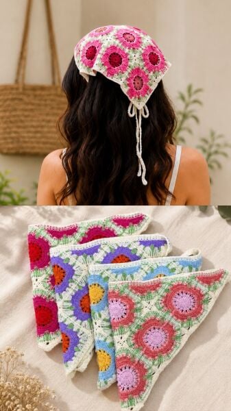 Desenli Örgü Bandana Modelleri Bohem Saç Bandanası