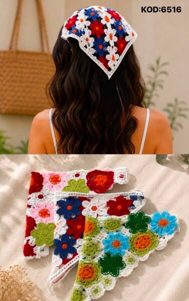 Desenli Örgü Bandana Modelleri Bohem Saç Bandanası