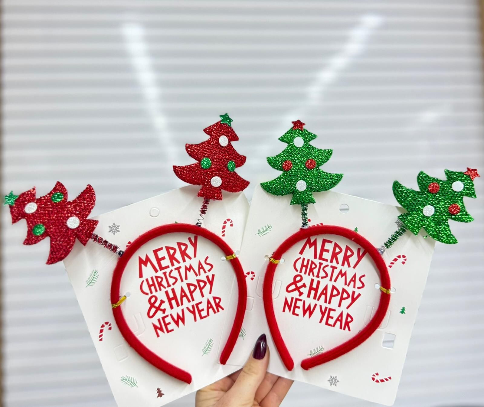 Yılbaşı Çam Ağacı Taç | Merry Christmas & Happy New Year Parti Tacı | Kırmızı & Yeşil Simli Aksesuar 12 Adet