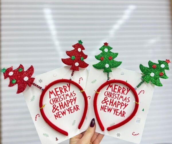 Yılbaşı Çam Ağacı Taç | Merry Christmas & Happy New Year Parti Tacı | Kırmızı & Yeşil Simli Aksesuar 12 Adet