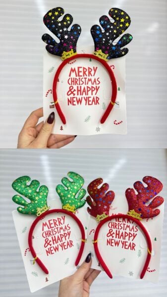Yılbaşı Geyik Boynuzlu Parti Tacı | Merry Christmas 12 Adet